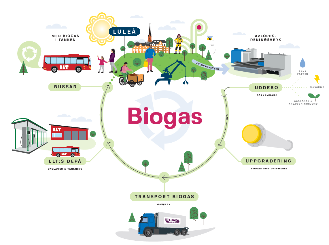 Illustration över biogasens kretslopp